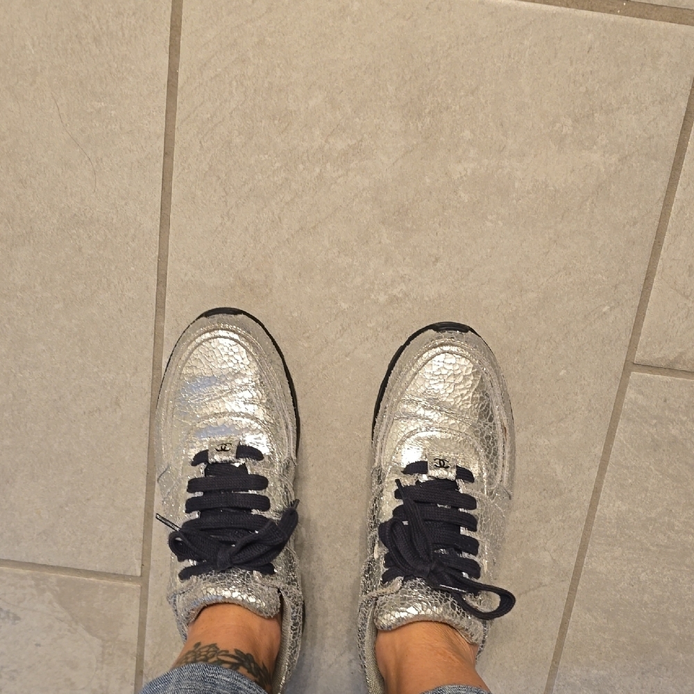 CHANEL Metallic Silver Sneakers with Navy Accents - Picture 7 of 13